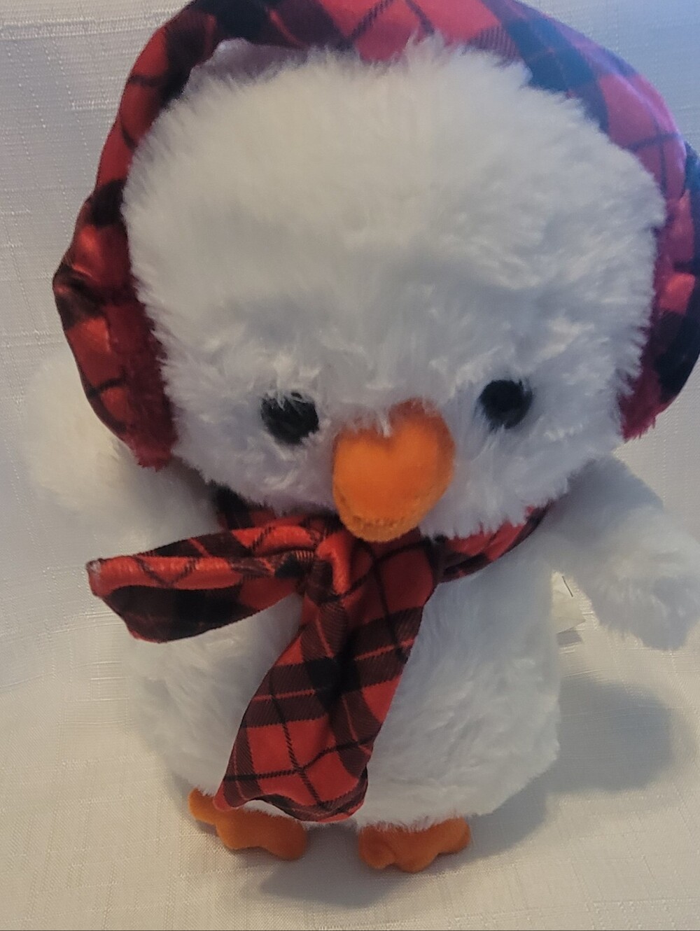 Source Unknown White Plush Penguin with Red Plaid Scarf and Earmuffs